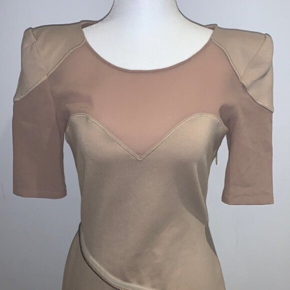 MACKAGE Tan Mesh Bandage Padded Shoulder Round  Neck Mini Bandage Dress Size 8 - Picture 4 of 16